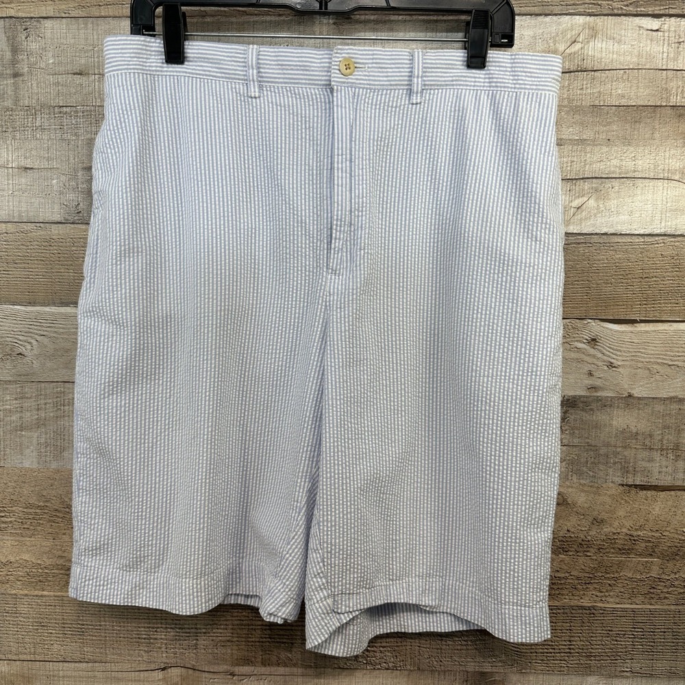 Polo Ralph Lauren Mens Blue White Striped Seersucker Cotton Bermuda Shorts 34